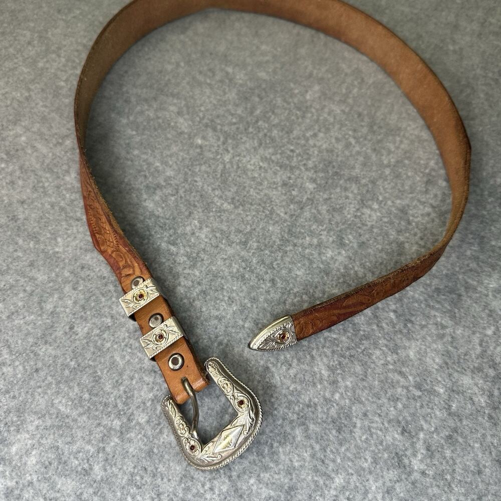 Vtg Live Oak Western Tooled Leather Belt Brown Silver Buckle